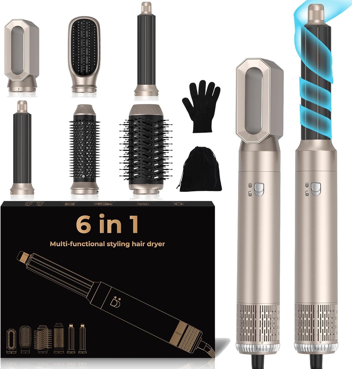 Thijox - 6-in-1 Haarstyler Pro, Haardroger & Air Styler met Krultang, Automatische Luchtstroom, Ronde Borstelföhn, Thermische Borstel, Stijltang, Cade
