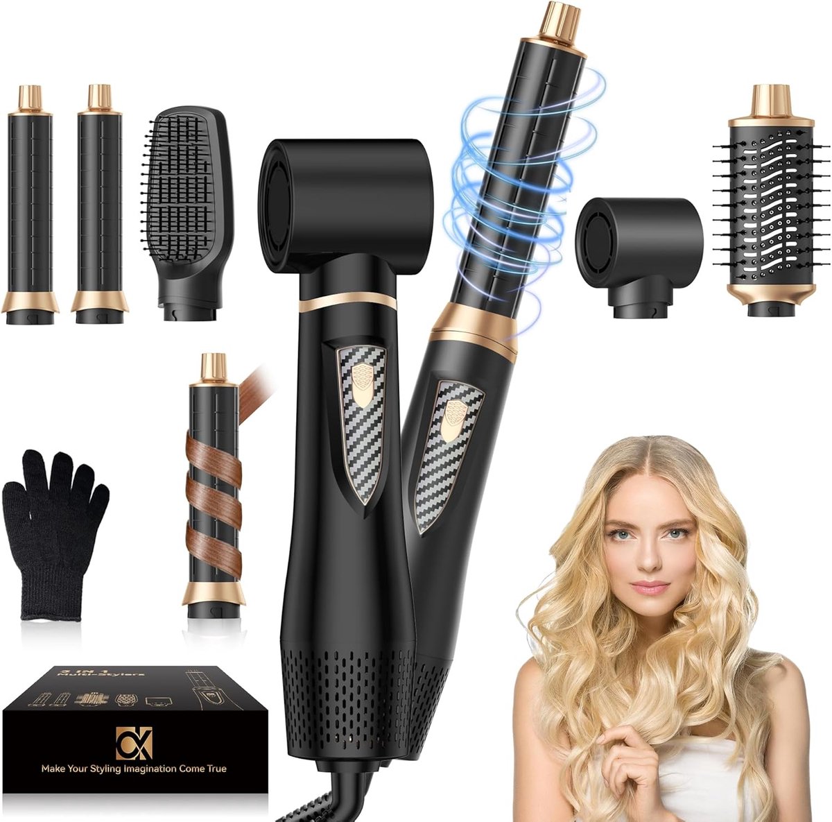 Thijox - Pro Haarstyler 5-in-1 Set, Airbrush Airstyler, Ionen-Föhnborstel met 1000 W Föhn voor Volume, Drogen, Gladmaken en Krullen, Ideaal voor Thuis
