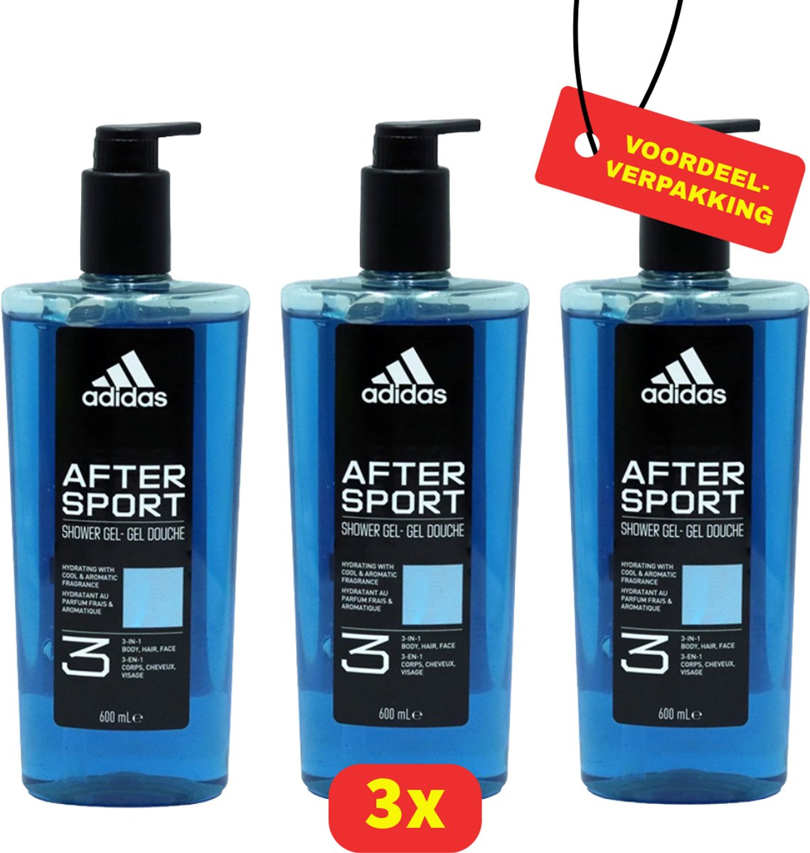 Adidas After Sport 3-in-1 Douchegel met Pomp – Lichaam, Gezicht & Haar – 3x 600 ml - Voordeelverpakking