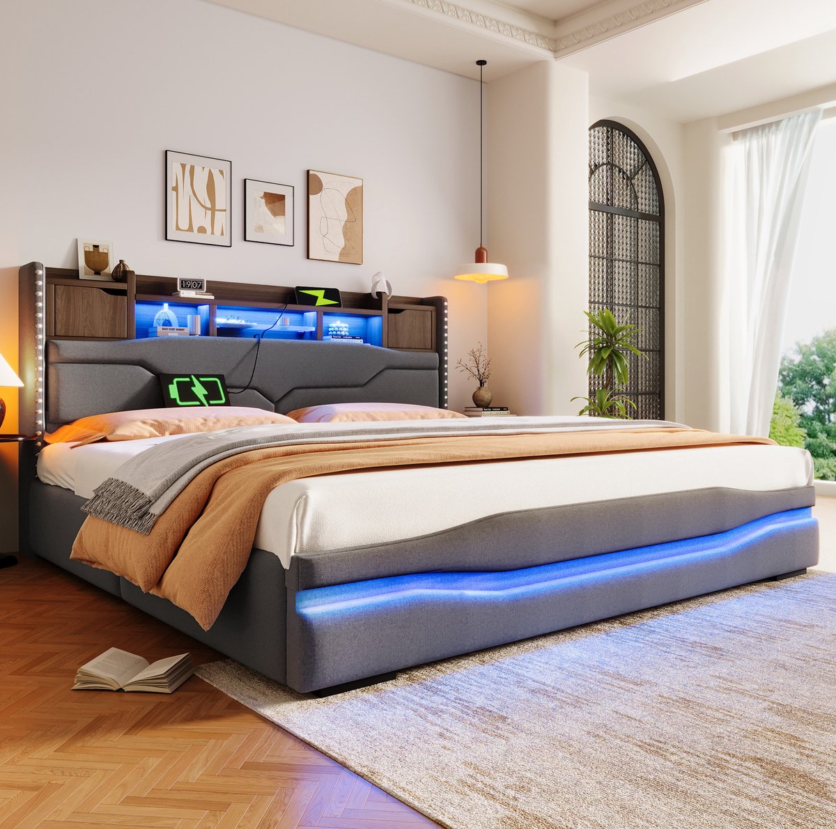 FloraGrace Gestoffeerd Bed 180x200 cm - Met USB C Oplaadpunt en LED Verlichting - Hydraulische Opbergruimte - Zonder Matras - Grijs
