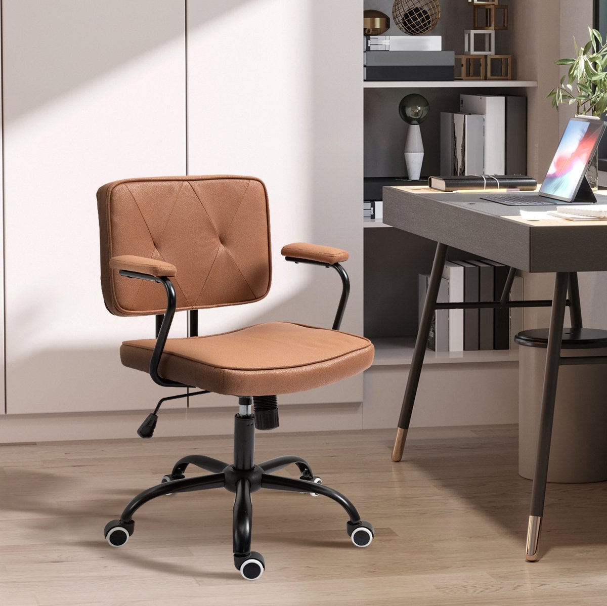 MIVRAY Bureaustoel 61 x 58 x 82-91 cm - Hoogteverstelbaar Met Wippfunctie En Armleuningen - Voor Home Office En Werkkamer - Kunstleer Bruin