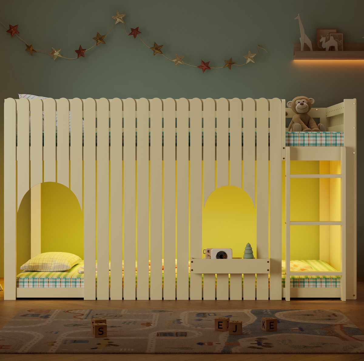 STILVORA Hoogslaper 90x200 cm – Meerkleurige Ledverlichting – 3-Trede Rechte Ladder met Opbergvak – Zonder matras – Voor Kinderkamer – Hout en MDF – Naturel