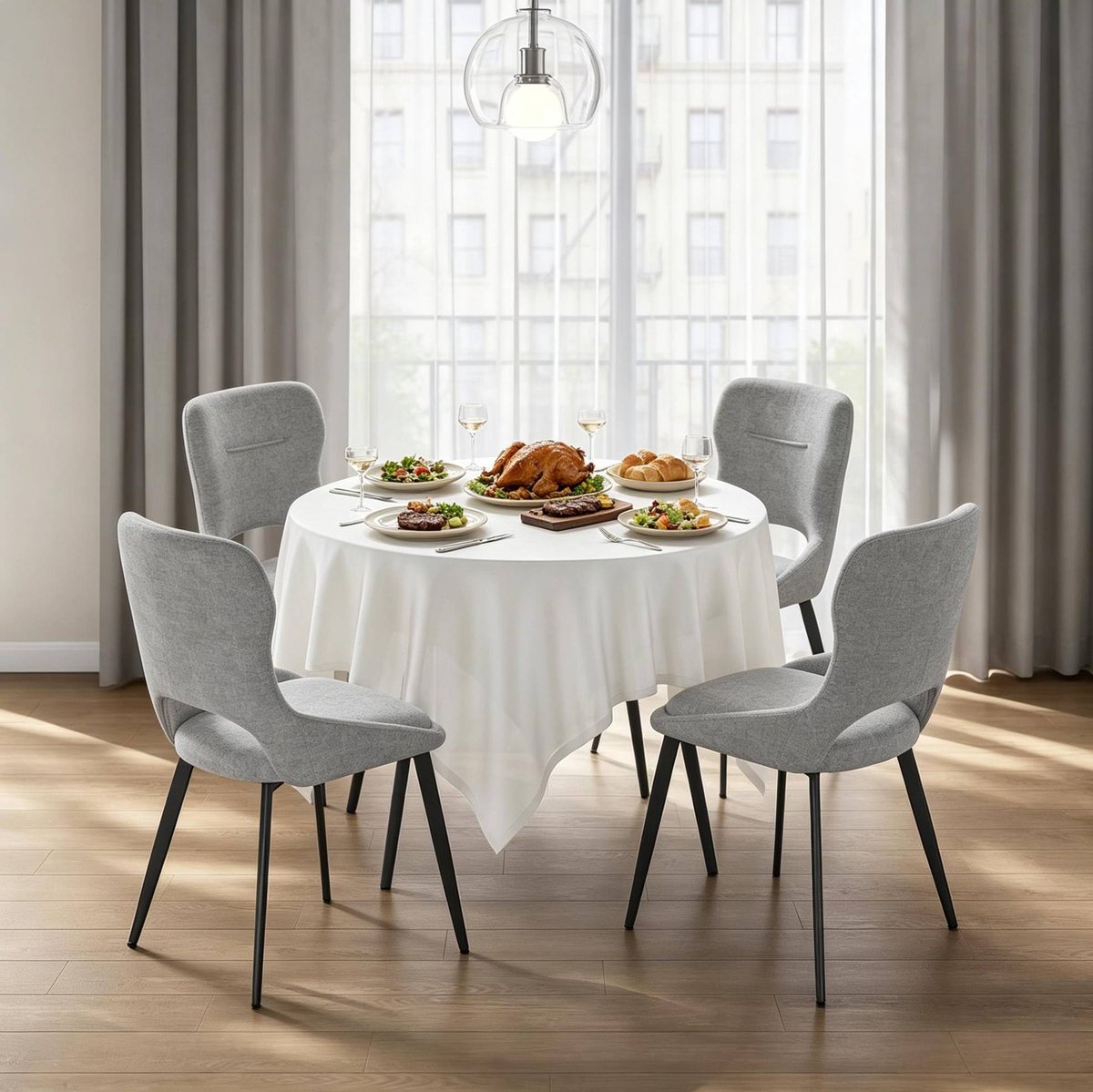 MIVRAY Eetkamerstoel 48 x 45 x 86 cm - Kuipstoel Met Armleuningen En Gestoffeerde Zitting - Set Van 4 - Chenille Grijs