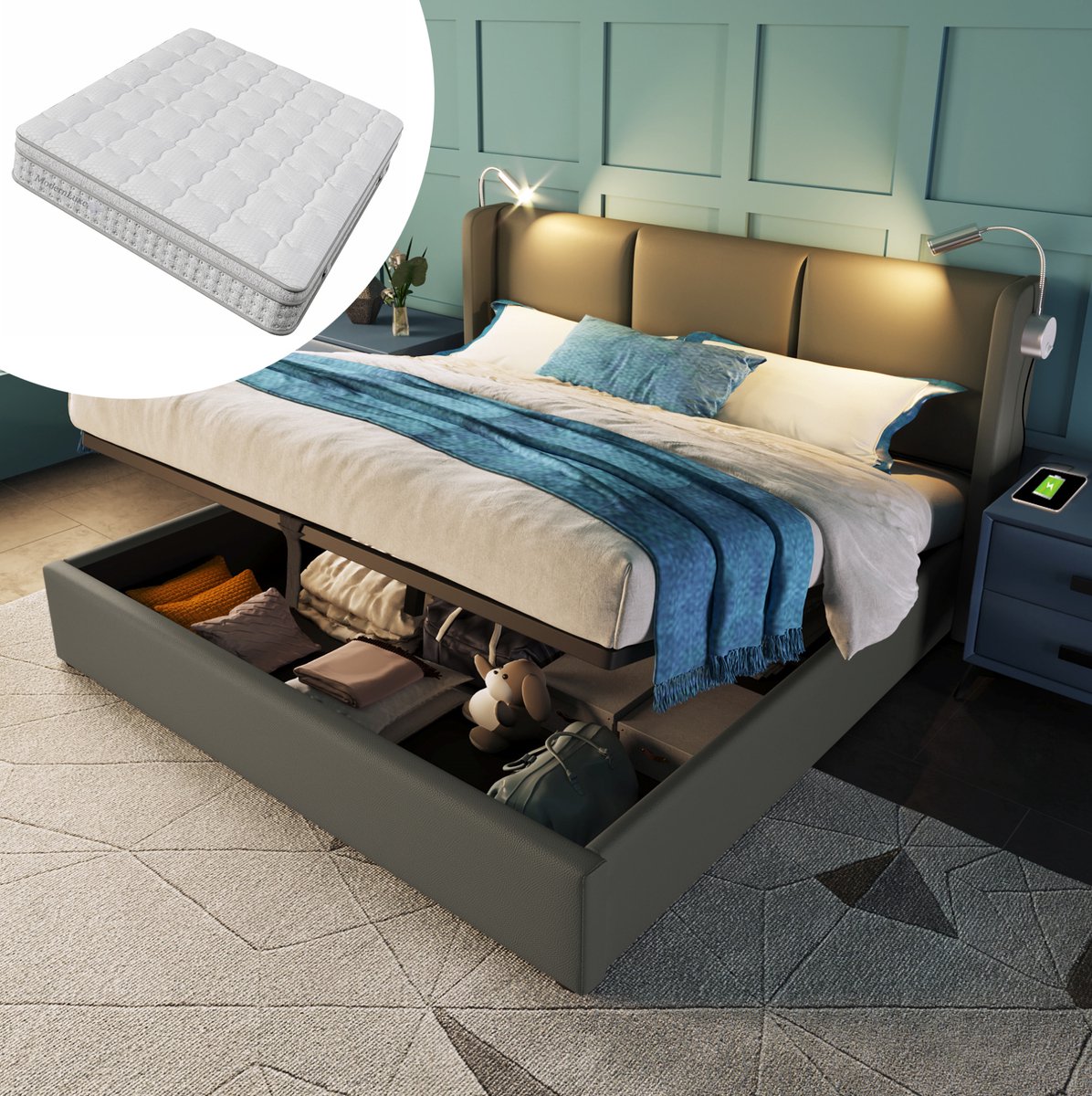 FloraGrace Gestoffeerd Bed 160x200 cm - Met Leeslamp En USB Oplaadfunctie - Met Opbergruimte - Tweepersoons - Kunstleer - Grijs - Met Matras