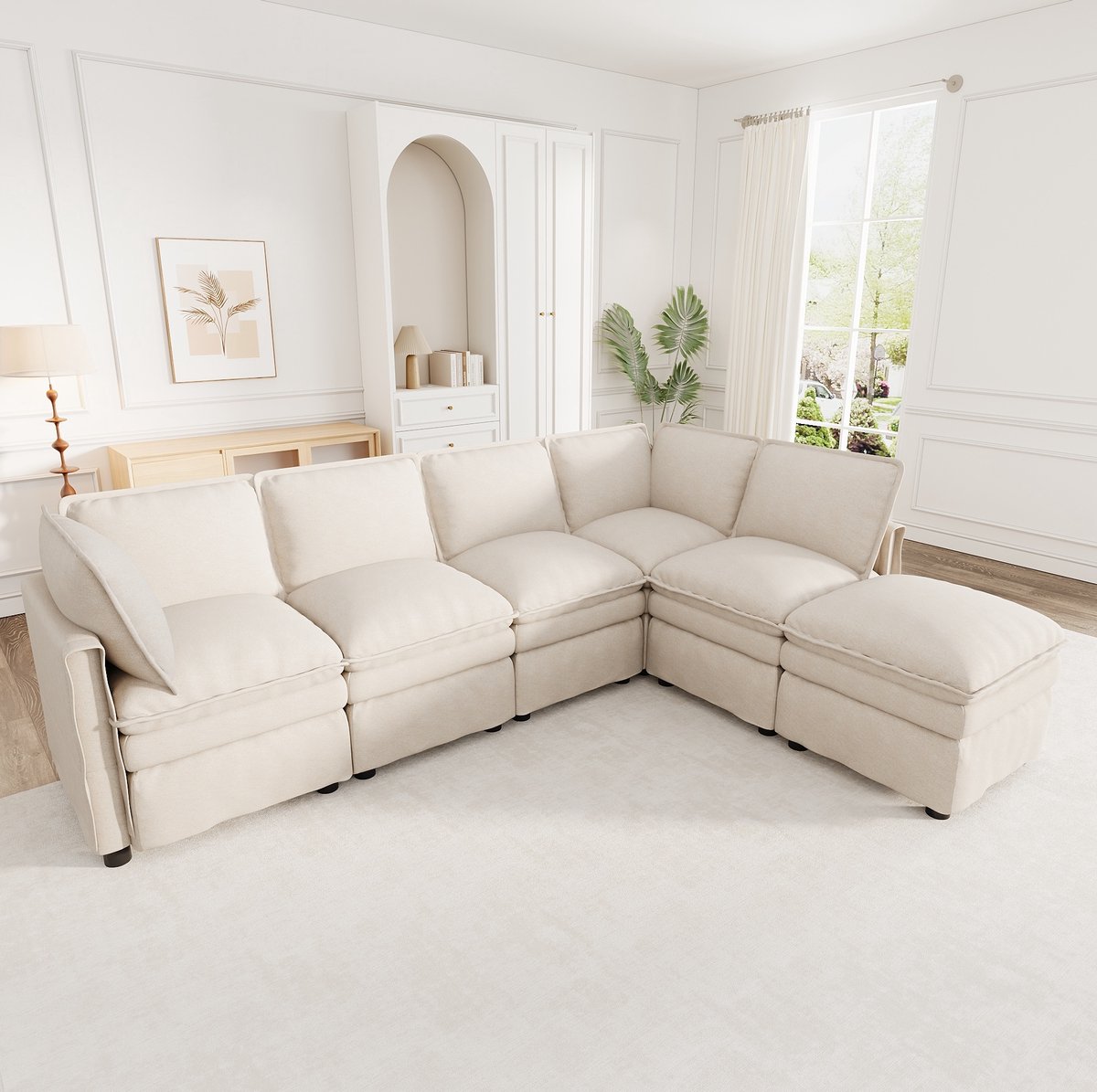 FloraGrace Hoekbank - 6-Zits Modulaire Bank Met Slaapfunctie en Verplaatsbare Hocker - U-V