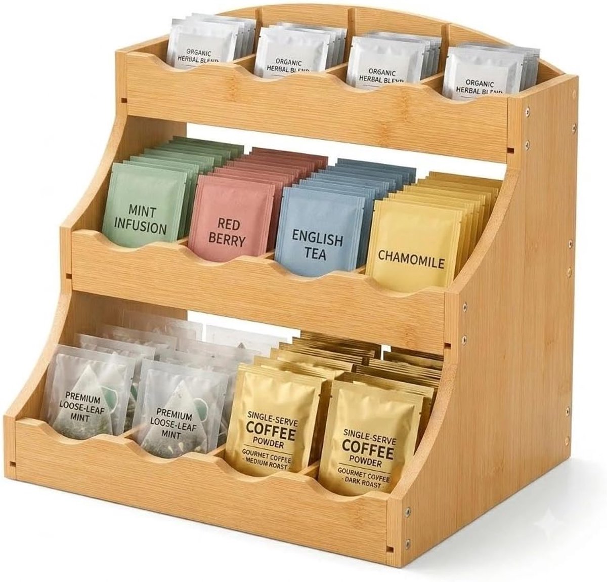 Dailygoods- Theehouder Ruimtebesparend - Bamboe - Theezakjes-organizer - Verticale Opbergvak - 12 Vakken - 30,7 x 25 x 20,5 cm - Theezakjesorganizer