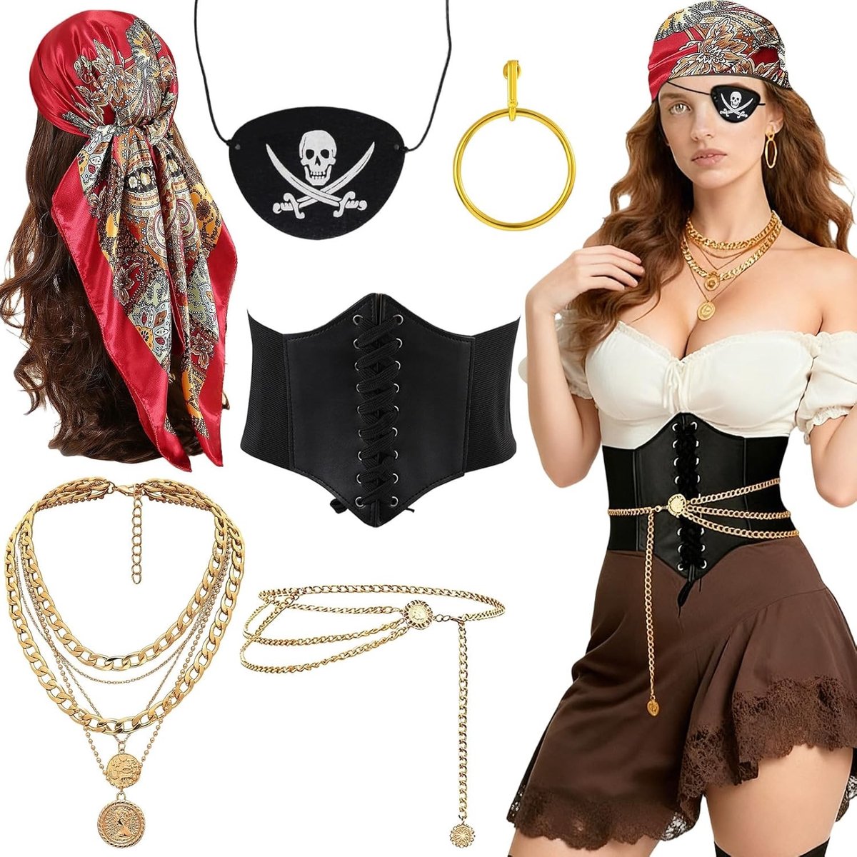 6 Stuks Piratenkostuumaccessoires voor Dames - Hoofddoek, Tailleband, Oogpatch en Meer voor Halloween, Carnaval en Cosplay Feestjes