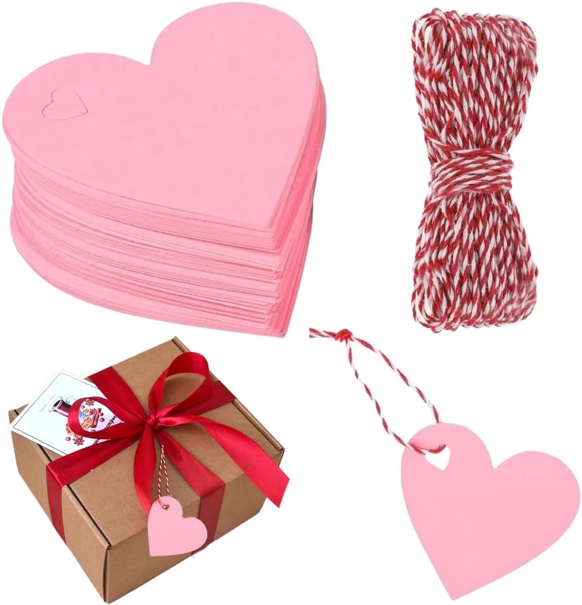 Thijox - Hart-cadeaulabels Kraftpapier Hartvorm 100 Stuks + 20 m Koord 6,5 x 6,5 cm Roze voor Valentijnsdag Bruiloft Verjaardag