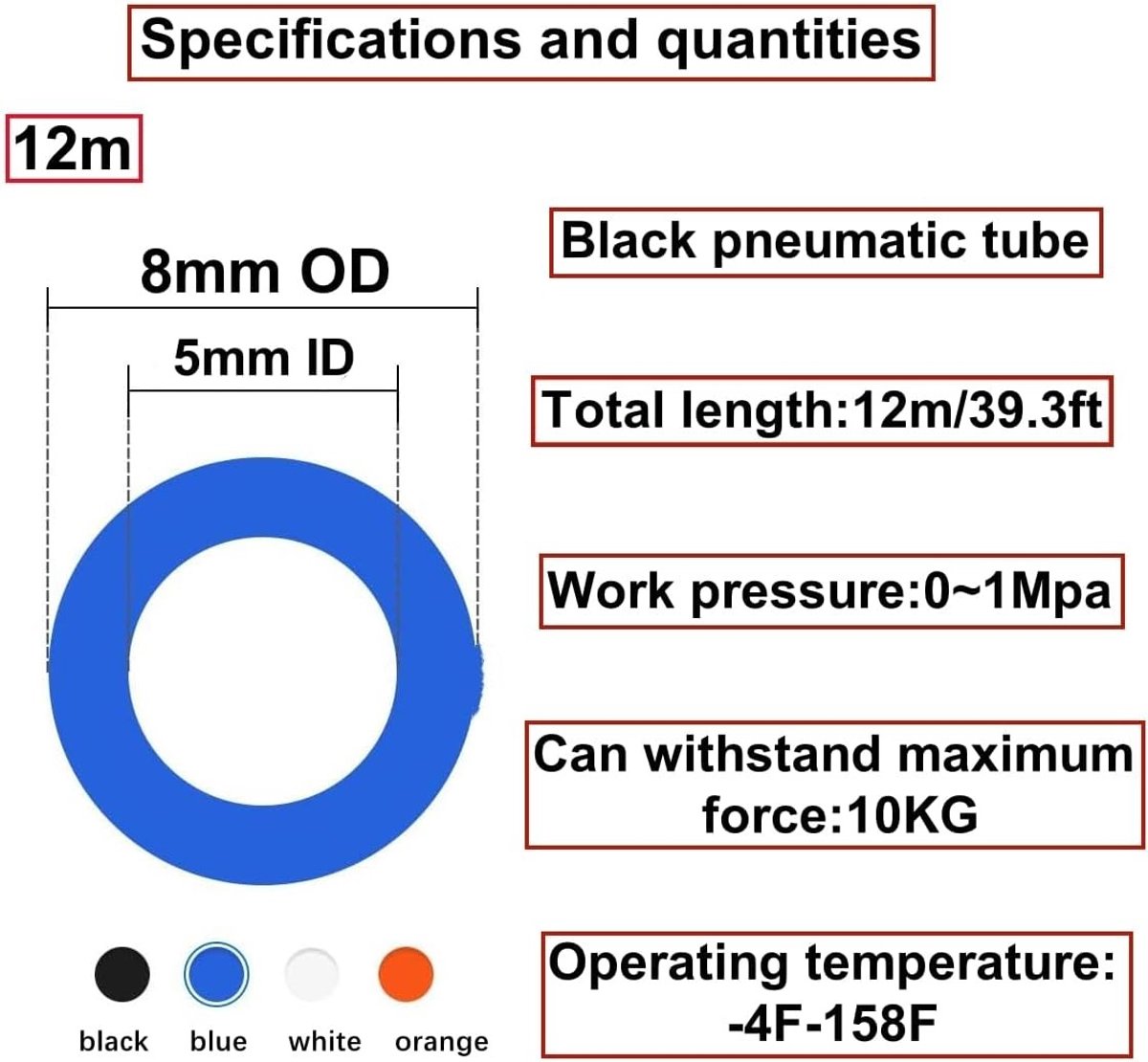 Flexibele Pneumatische PU Slang 12 m - Compressed Air Hose 8 mm Buiten, 5 mm Binnen, Zwart, Duurzaam en Lichtgewicht