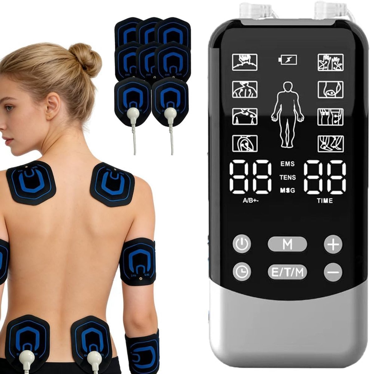 Thijox - EMS TENS apparaat pijntherapie, 3-in-1 massageapparaat met 24 massageprogramma's, 2 kanalen, 8 elektrodenpads voor effectieve pijnverlichting