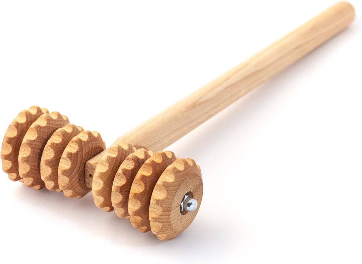 Thijox - Tuuli Accessories Anti-Cellulitismassage Massage-Apparaat Massageroller Met Handvat - T-Vorm Houten Roller 37 x 13 cm voor Effectieve Maderot