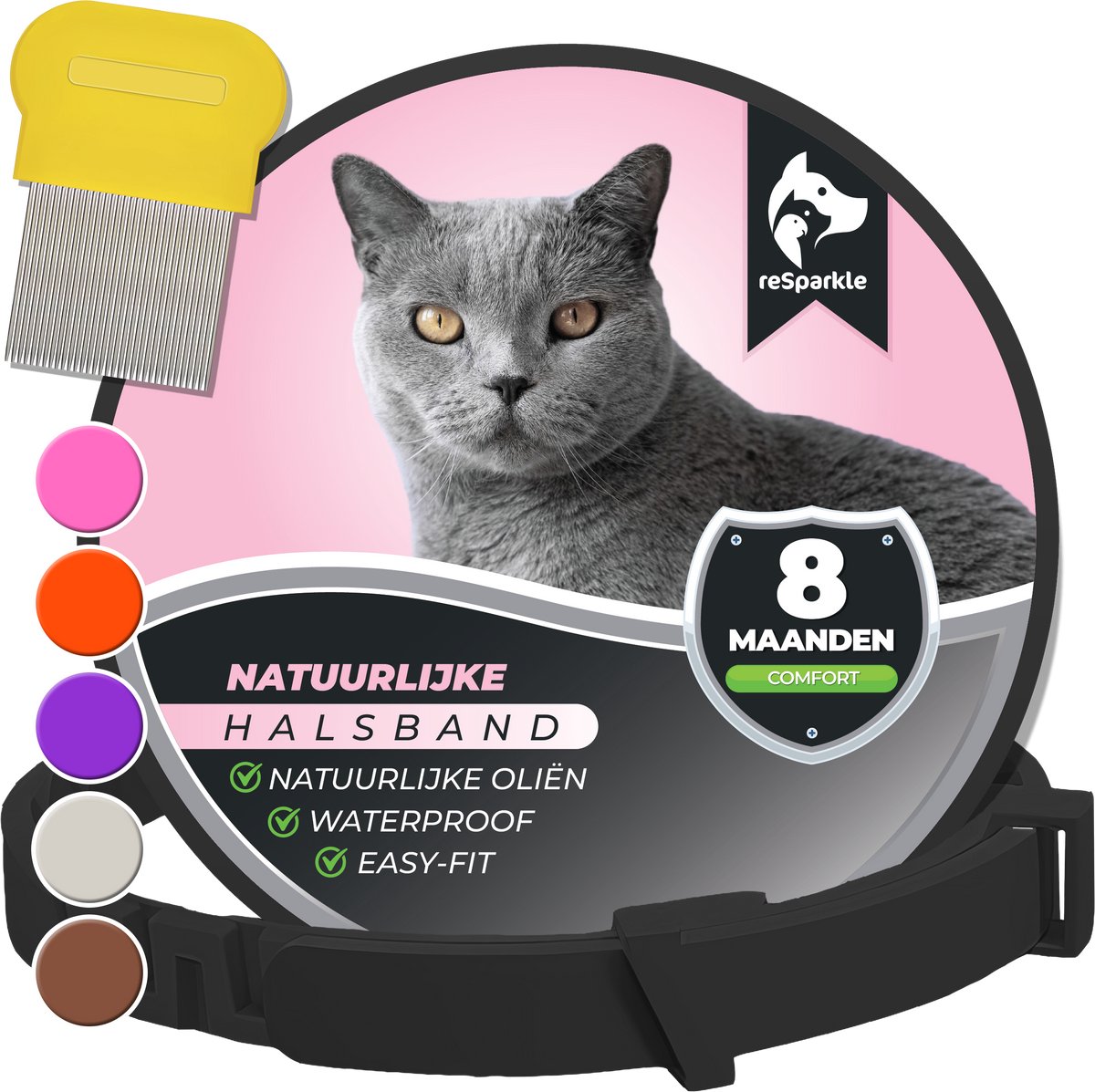 Bol.com reSparkle Halsband Kat - Natuurlijk - Inclusief Vlooienkam - Zwart aanbieding