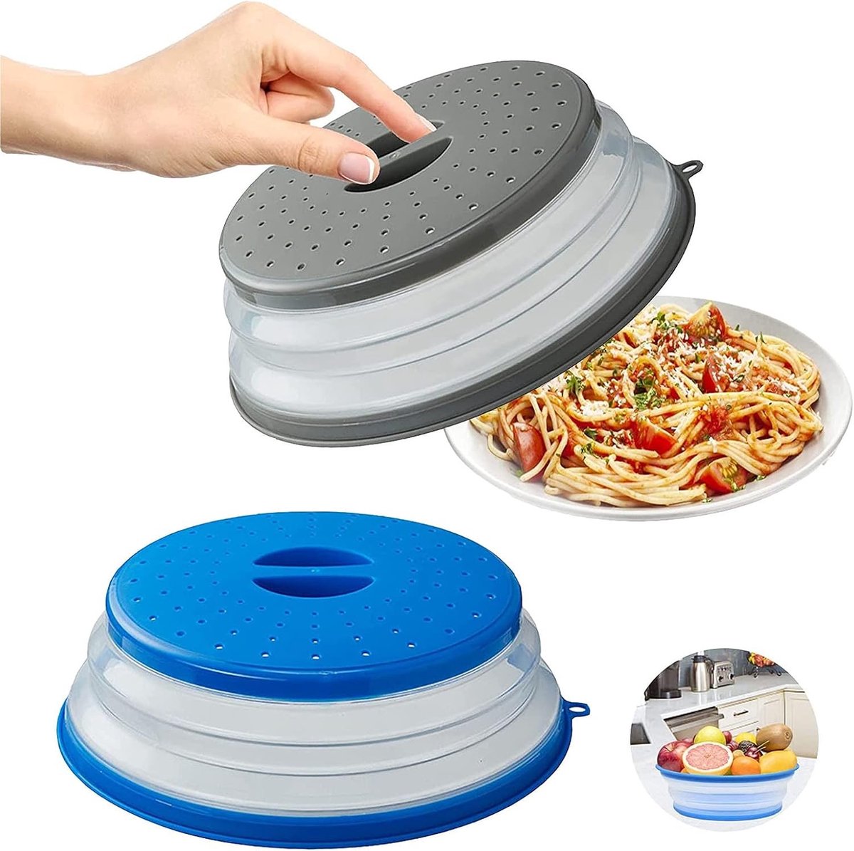 Vouwbare Magnetron Deksel 2 Stuks - Spatvrij Deksel voor Verwarmd Voedsel met Stoomgaatje en Flexibel Ontwerp (Grijs + Blauw)