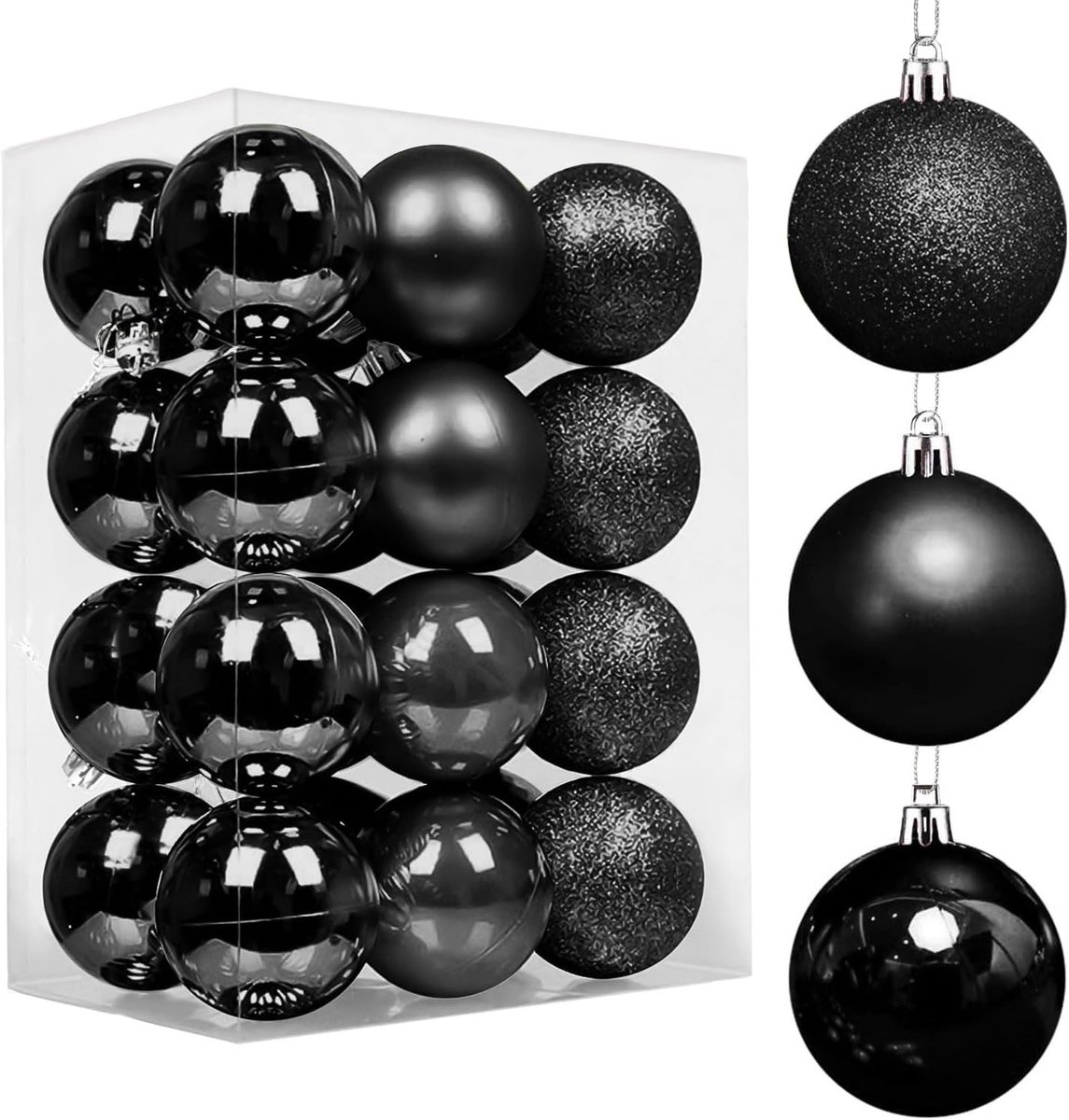 Kerstballen Versiering, 60mm/24 Stuks Schokbestendige Hangende Ballen voor Kerstboom Decoratie, Bruiloft en Thuis Feestdecoraties (Zwart)