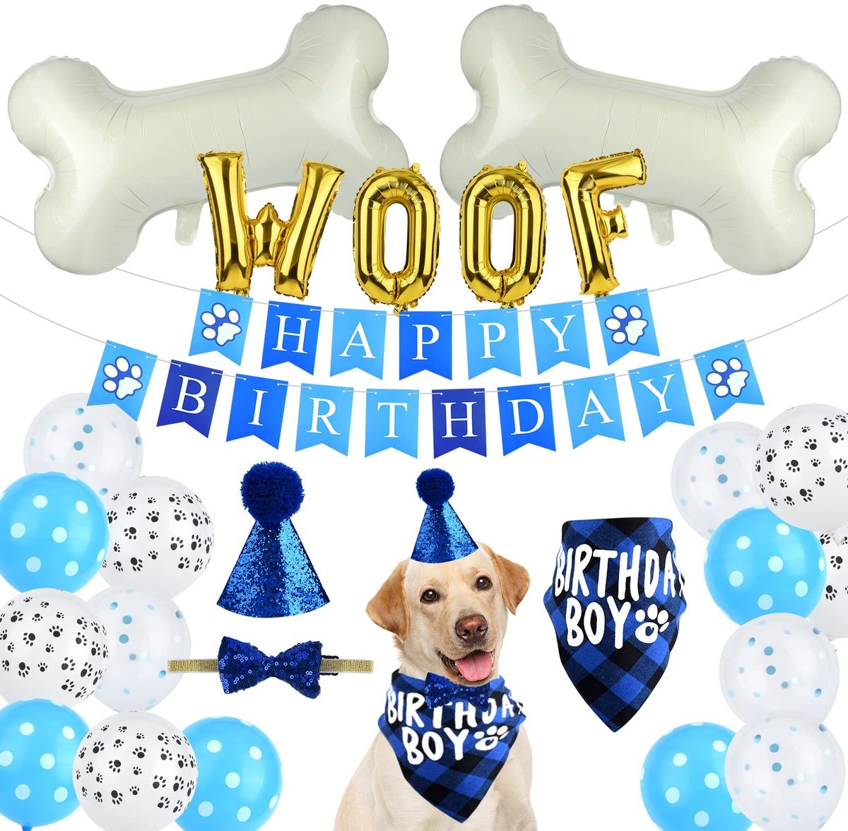 Dailygoods- Verjaardagshoed Blauw/Goud - Verjaardagsbanner - Ballonnen - Driehoekige Sjaal - Hondenfeest - Feestbenodigdheden - Hond Verjaardagset