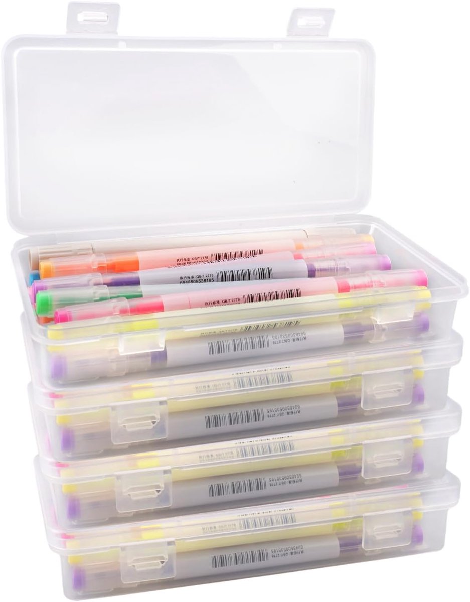 Dailygoods- Pennenbox Lichtgewicht - Stapelbare Opbergdoos - Transparante Kunststof - 4 Stuks - Met Deksel - Afmetingen 19 x 9,5 x 3 cm