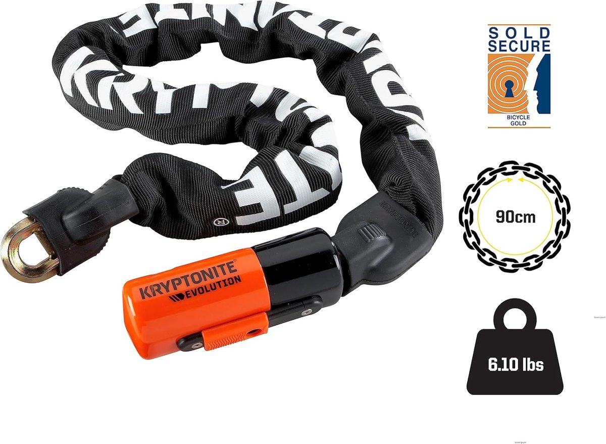 Thijox - Kryptonite Evolution 1090 Kettingslot 90 cm, Veiligheidsgraad 8/10, Anti-Diefstal Fietsslot, 10 mm Stalen Ketting, Inclusief 3 Sleutels voor