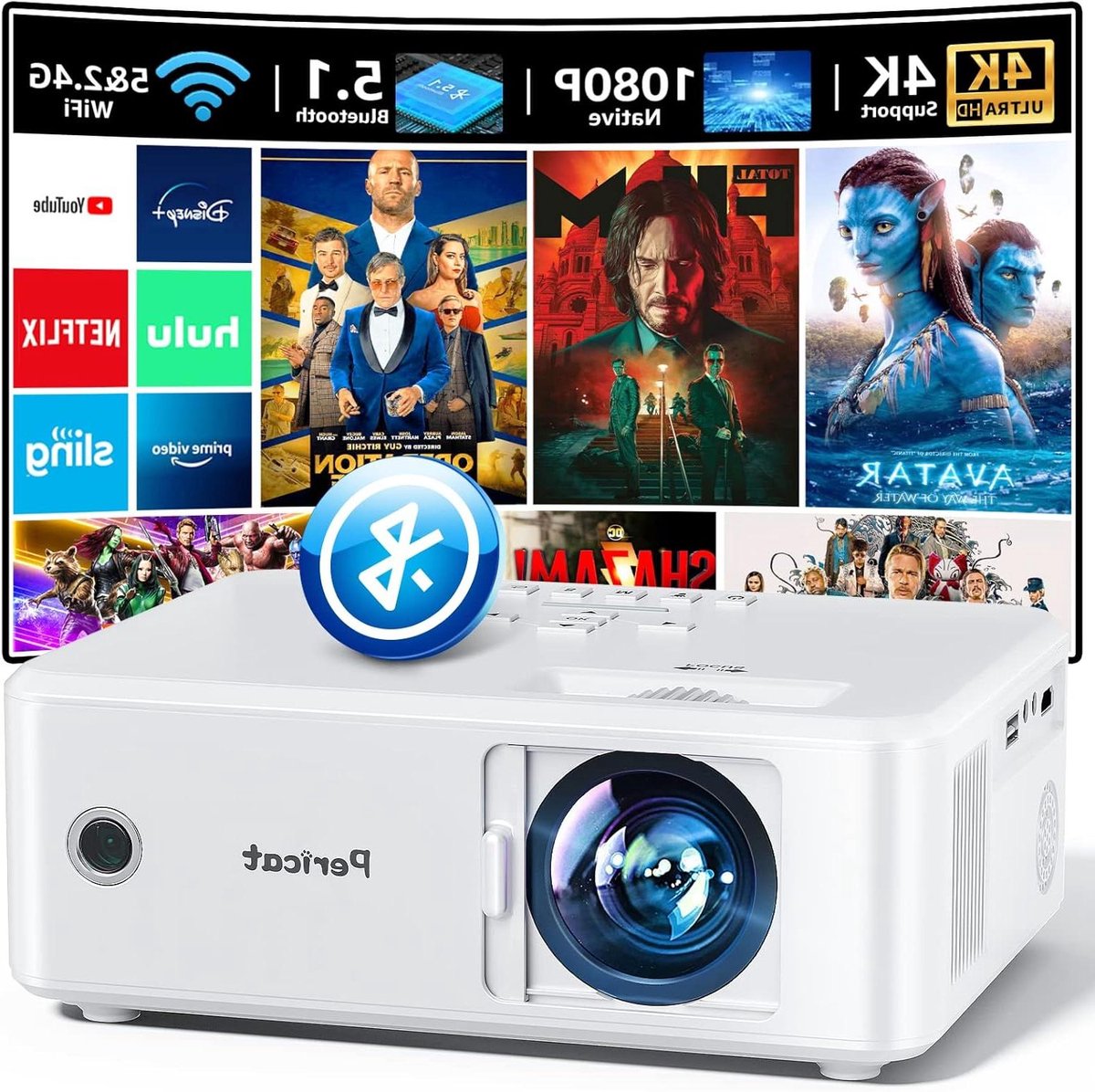 Full HD Projector - Draagbare Beamer - Thuisbioscoop Creëren - 5G WiFi Connectie - 1080P Resolutie - Parel Zilver