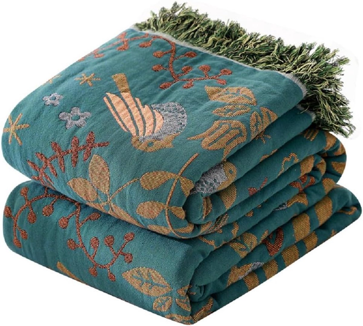Geweven deken patroon - Boho Katoenen Woondeken - met Bloemen en Vogels - 150x200cm - Groen | Bohemian Throw Blanket - 100% Katoen - Sierdeken voor Bank of Bed - Farmhouse Stijl - Dubbelzijdig