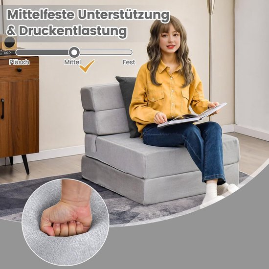 Inklapbare slaapbank - Gastenmatras vloer - Extra zitplek - Drievoudige klapfunctie - 190 x 71 cm - Grijs — afbeelding 2