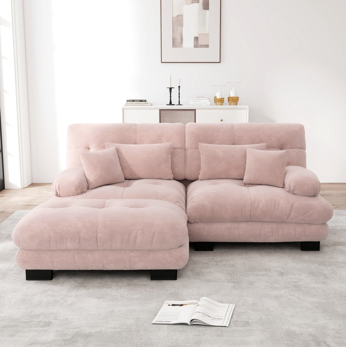 MIVRAY Hoekbank 220 x 145 cm - Modulair Cloud Design Met Ottoman En 2 Lendenkussens - Voor Woonkamer Of Kantoor - Chenille Roze