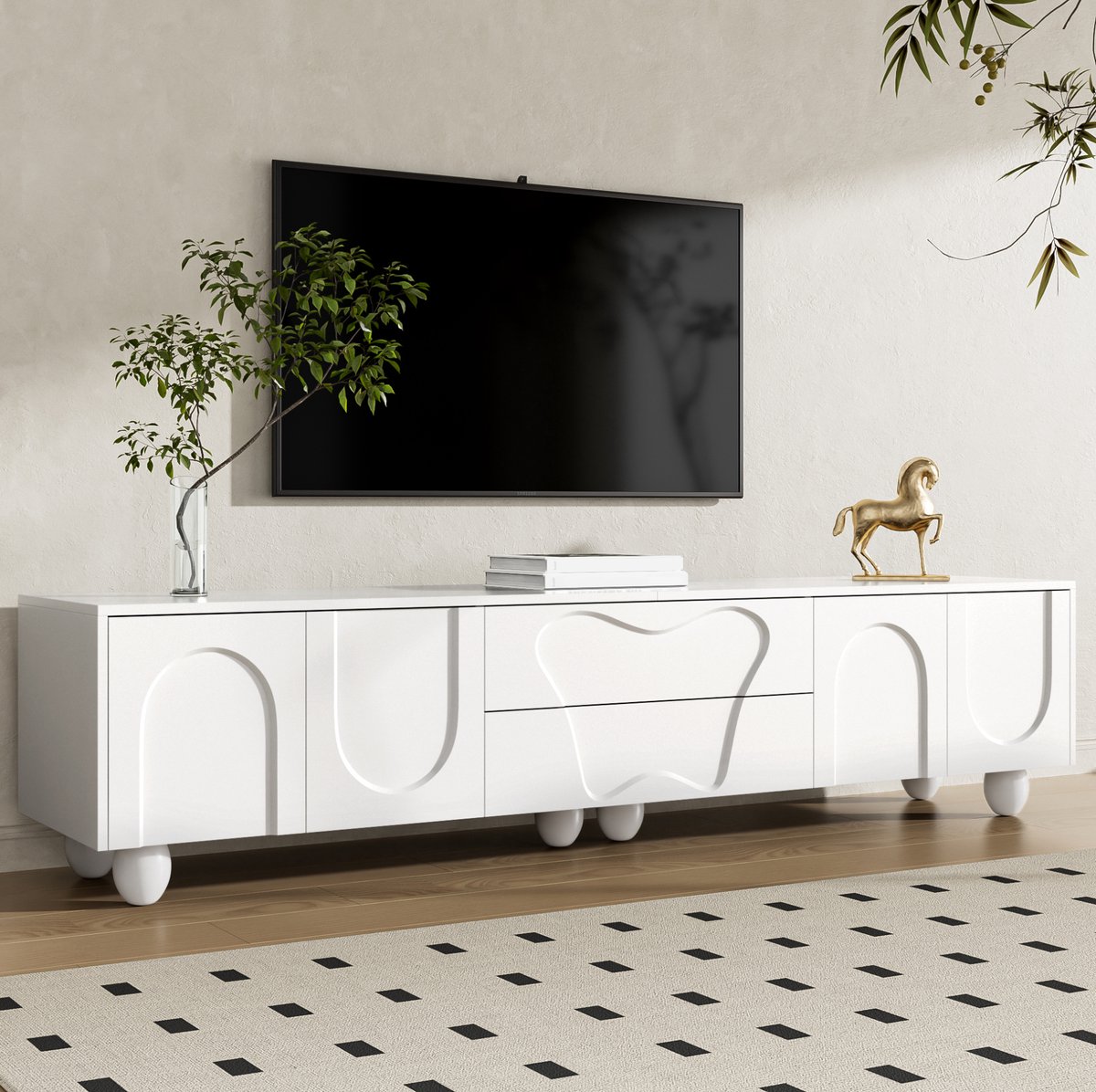 MEUNIQ TV-meubel 180 x 40 x 42 cm met lades en gesloten opbergruimte, witte kast met houte