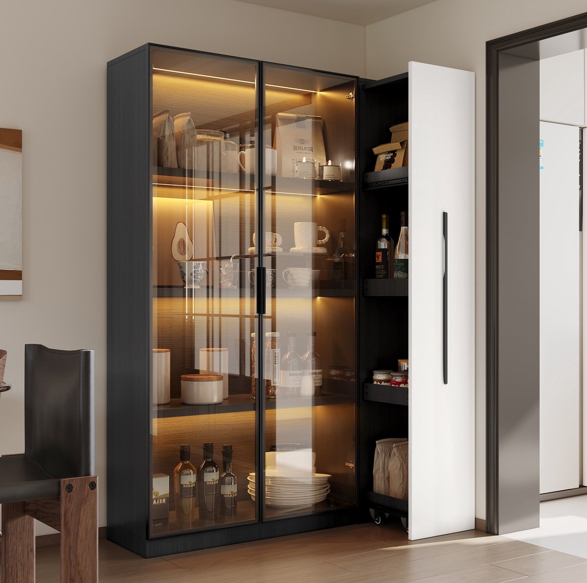 MEUNIQ boekenkast en vitrinekast 110,5 x 35 x 160 cm met glazen deur, LED-verlichting, zijwaarts uittrekbaar opbergdeel op wielen voor woonkamer of werkkamer