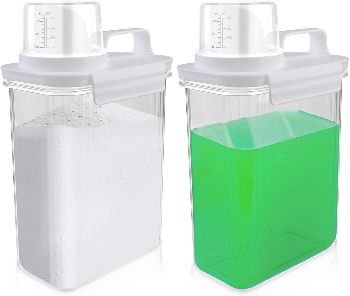 Multifunctionele Wasmiddel Dispenser met Maatbeker: 2 Stuks 2000ml Opslag voor Waspoeder, Cereal en Poederoplossingen, Ideaal voor Keuken en Wasruimte