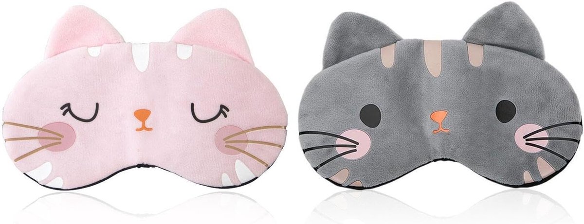 Thijox - 2 Stuks Schattig Cartoon Kattenoogmasker - Verstelbaar Slaapmasker van Comfortabel Pluche - Roze en Grijs - Ideaal voor Slaap, Vliegen en Ont