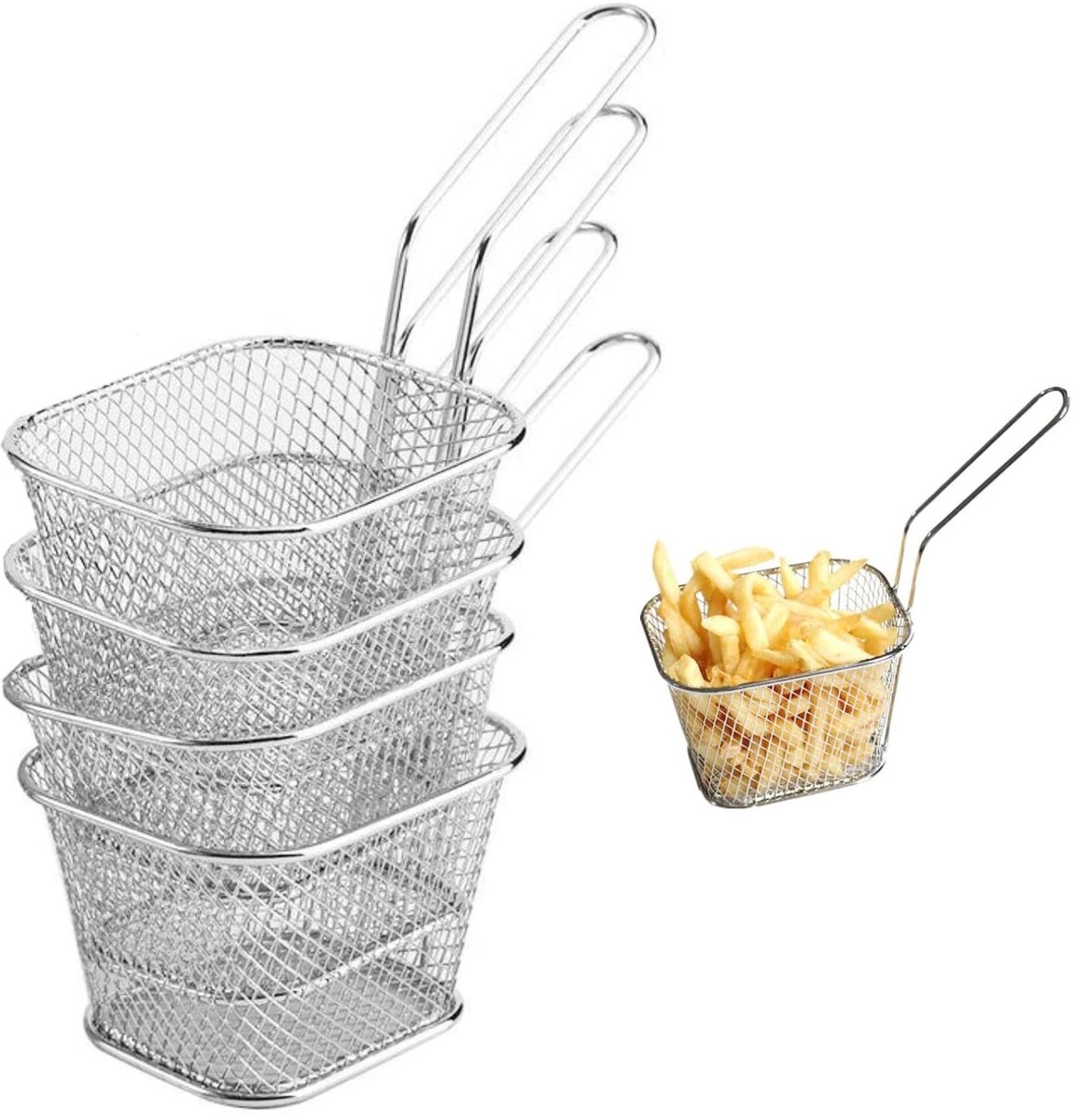 Dailygoods- Frituurmand 4x - Roestvrijstalen Serveermanden - Handvat - Geschikt voor Garnalen/Uienringen - Makkelijk te Opslaan - 10x8,3x6,5 cm - Serveermand