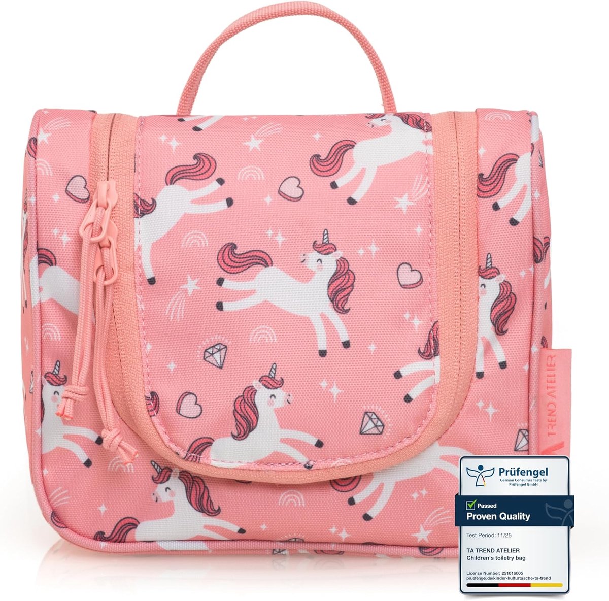 Thijox - Kinder Toilettas Om Op Te Hangen - Duurzame Waszak van Gerecycled Polyester - Waterafstotend - Inclusief Spiegel - Vakken - Eenhoorn-Roze - V