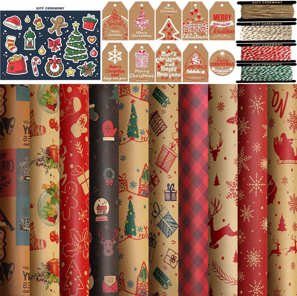 SnelShoppen - Kerst Cadeau Inpakpapier Set - 10 Stuks Kerst Inpakpapier, 10 Kraft Papier Cadeaulabels, 4 Rollen Jute en Katoen Touw, Perfect voor Kers