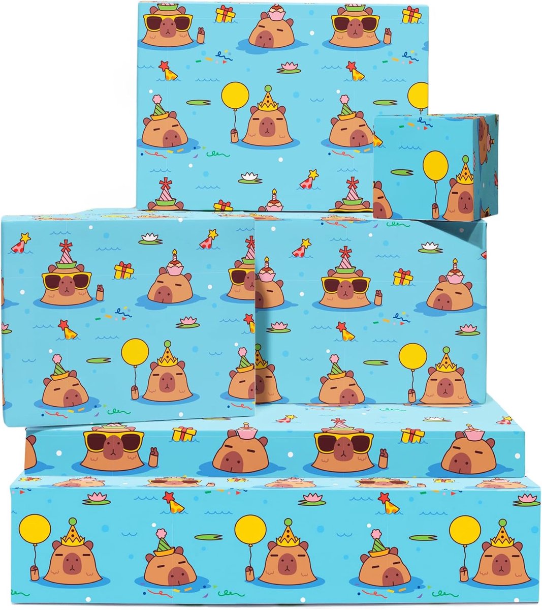 Thijox - Capybara Verjaardagsinpakpapier - 6 vellen grappige cadeauverpakking - Blauwe Capybara's in het water - Recyclebaar cadeaupapier voor mannen