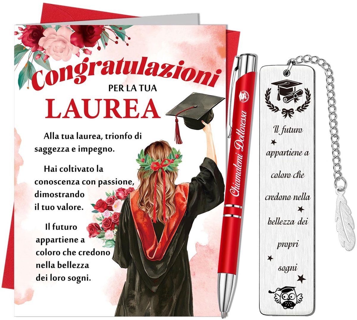 Dailygoods- Wenskaart Afstuderen - Wenskaarten Set - Bladwijzer - Balpen - Gastgeschenken - Rood Papier, Roestvrij Staal - Afstudeerkaart