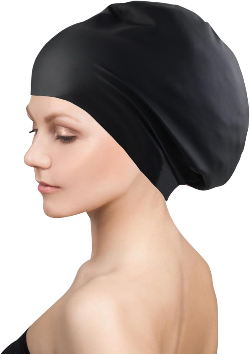 Thijox - Vrouwen Lang Haar Silicone Waterdichte Elastische Zwemmuts voor Dreadlocks Vlechten Krullen Afro Zwart - Comfortabel, Maat 29,5 x 29,7 cm, Id