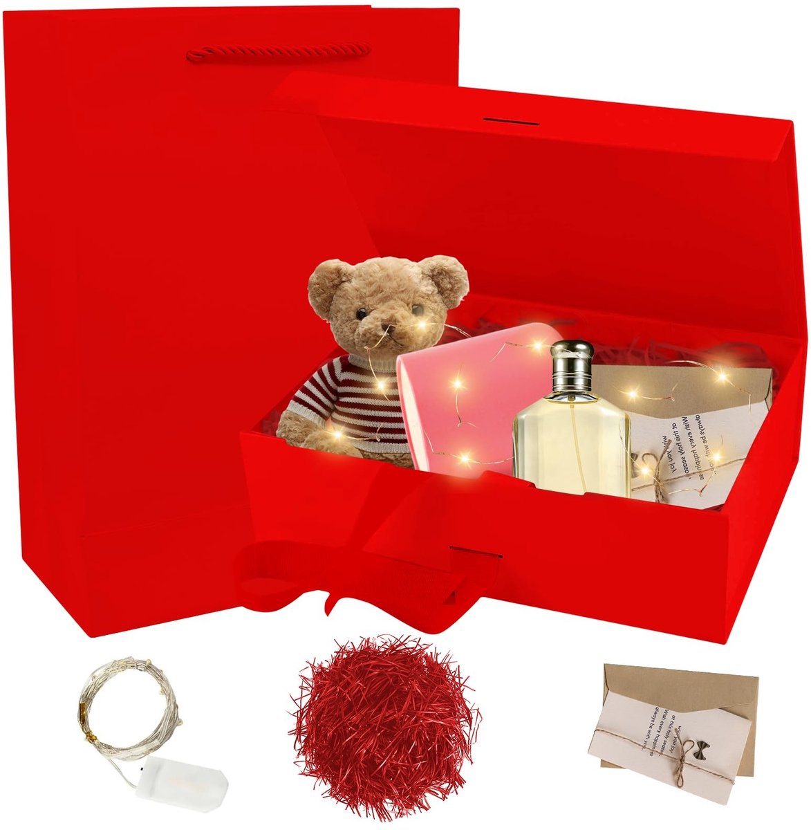 Dailygoods - Geschenkdoos 21 x 17 x 7 cm, geschenkdoos met deksel, geschenkdoos met strik + kaart + tas + knutselen + licht, magnetische geschenkdozen, geschenkverpakking voor bruiloft, Kerstmis, verjaardag (rood)