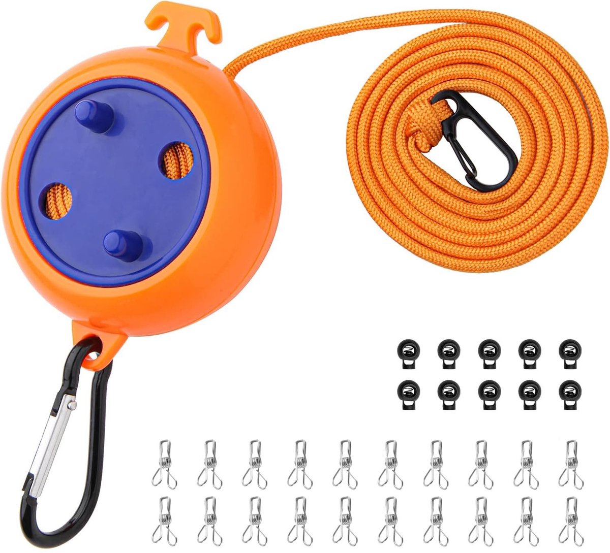 Dailygoods- Waslijn Uittrekbaar 10 m - Waslijn met 10 Gespen - Winddichte Wasknijpers - Camping/Outdoor - Draagbaar - Robuust Materiaal - Reiswaaslijn