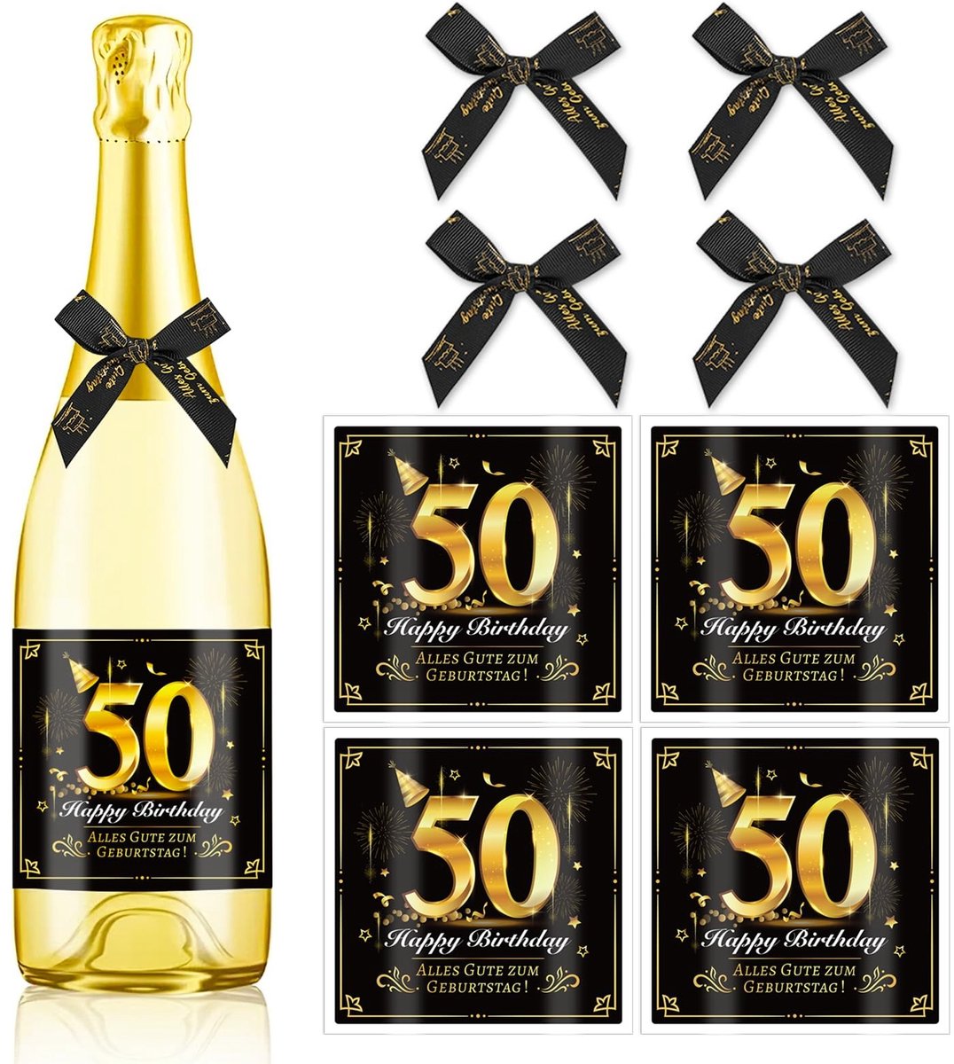 Dailygoods- Wijnfles Stickers 50 Jaar - Verjaardag Decoratie - Verjaardag Strik Lint - Party Benodigdheden - Set van 4 Stuks - Feestelijke Decoratie - Verjaardagsdecoratie