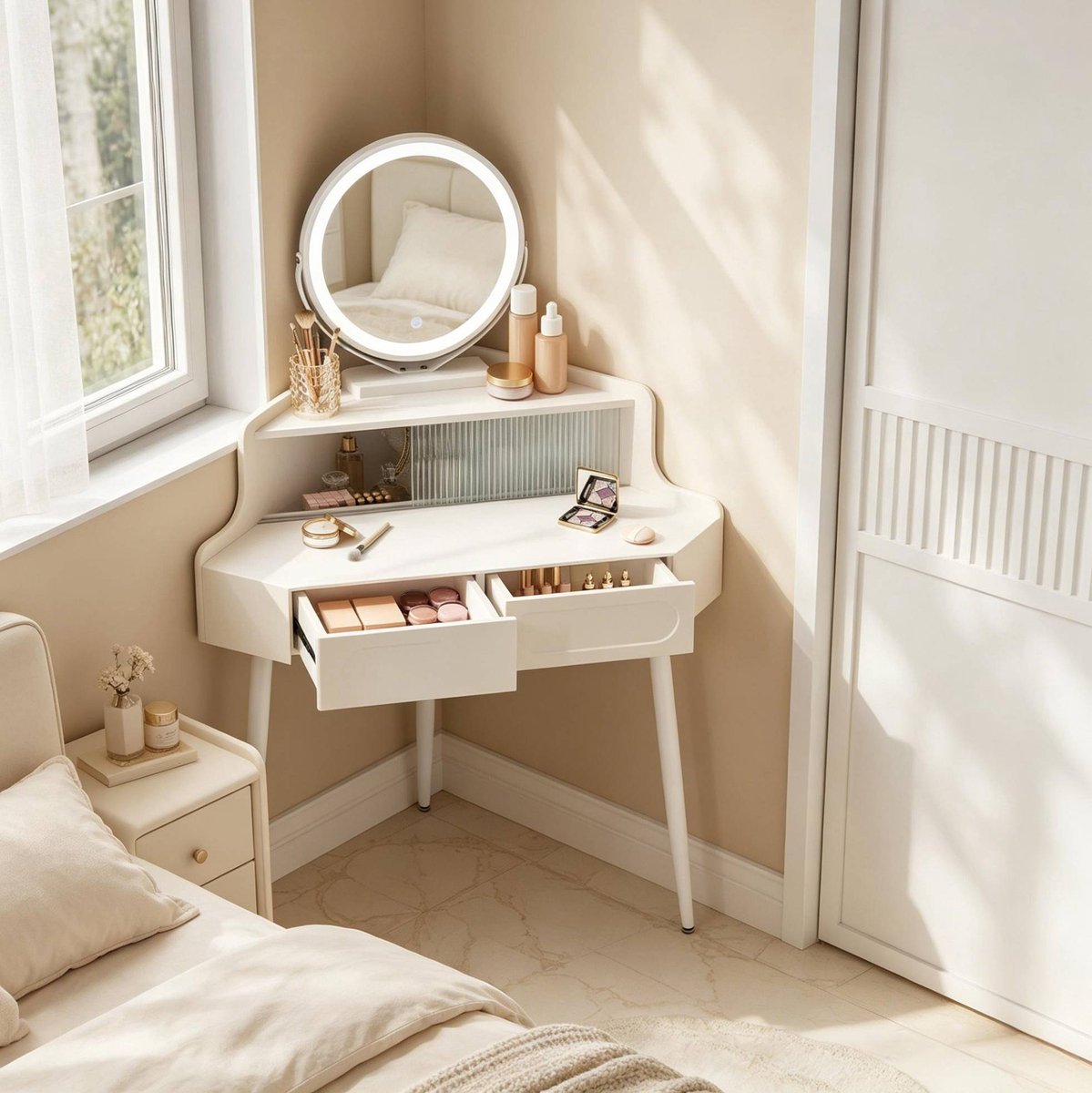 HAUSS SPOLE Kaptafel - Hoekmodel Met Dimbare Ronde Spiegel En 2 Lades - Voor Kleine Slaapkamer En Kleedruimte - Wit MDF Metaal 90x63x139 Cm