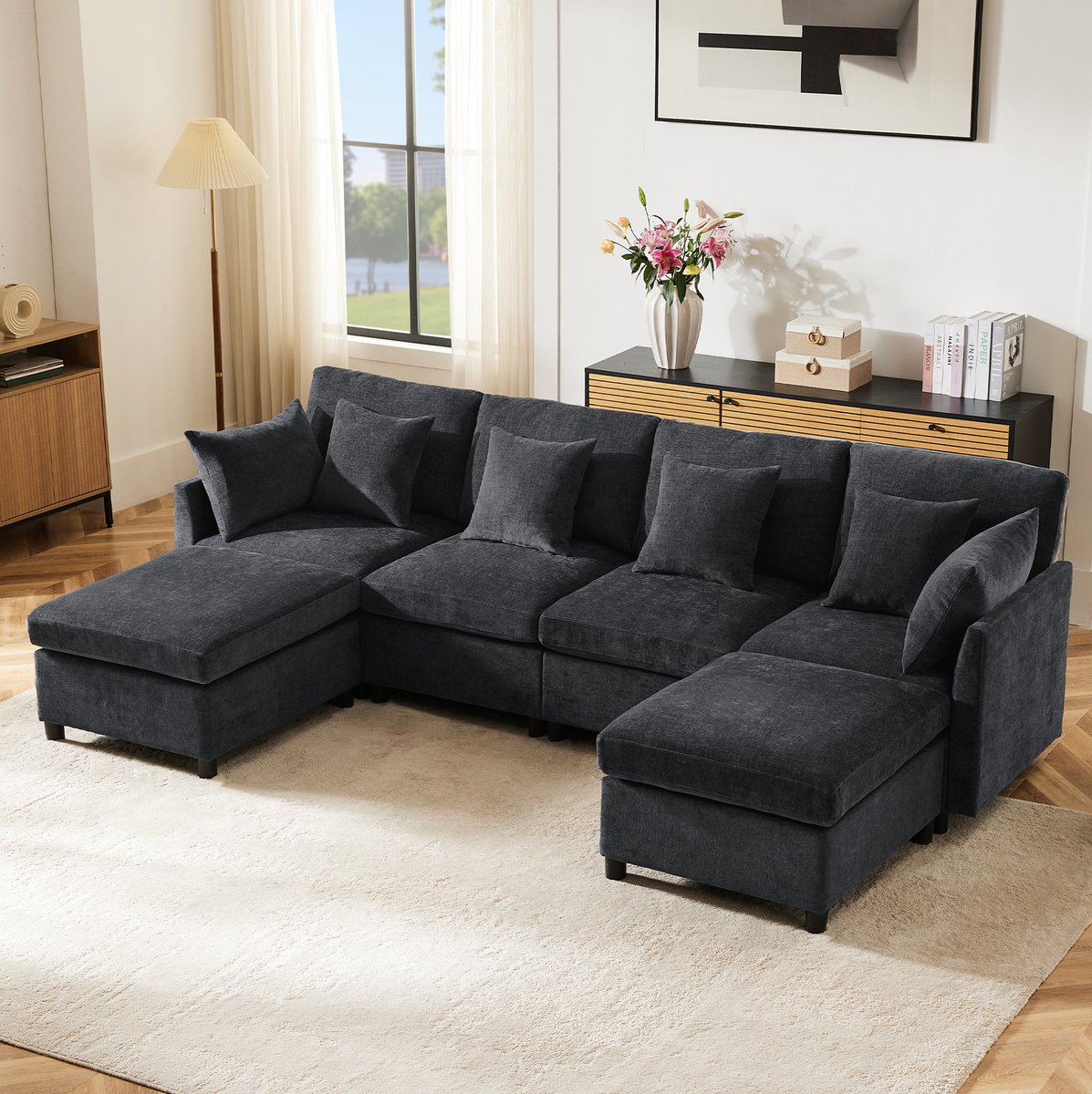 DESMIU U-Bank 278 x 161 cm - Modulair Met 2 Hockers En 6 Kussens - Voor Woonkamer En Appartement - Chenille Grijs