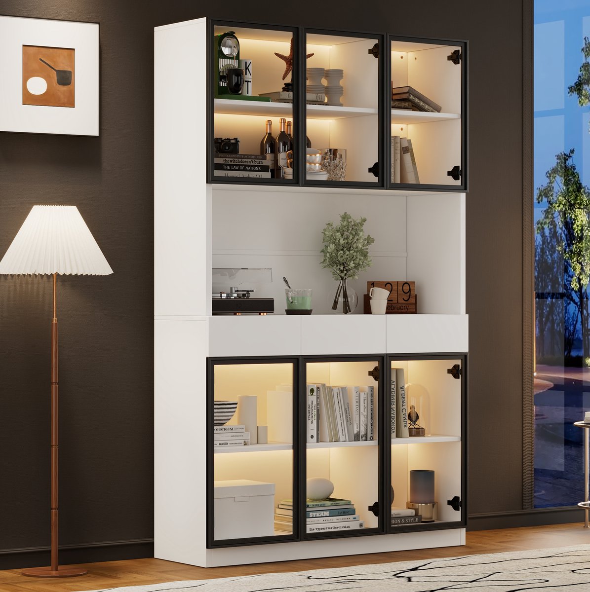 MIVRAY Buffetkast - Glazen Vitrinekast Met LED Verlichting En 3 Laden - Voor Woonkamer, Slaapkamer Of Kantoor - Wit Zwart - 120x36x200 Cm
