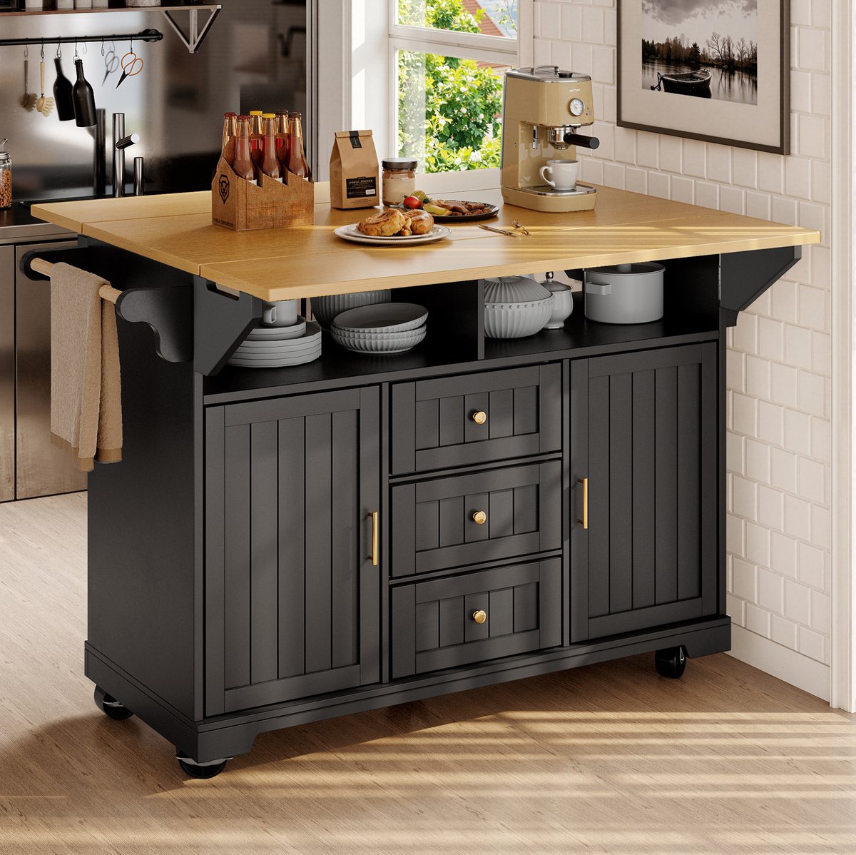 DESMIU Keukenkast - Uitklapbaar Keukeneiland Met Wieltjes En Opbergruimte - Voor Keuken En Eethoek - MDF En Metaal - 120x40x95 Cm - Zwart