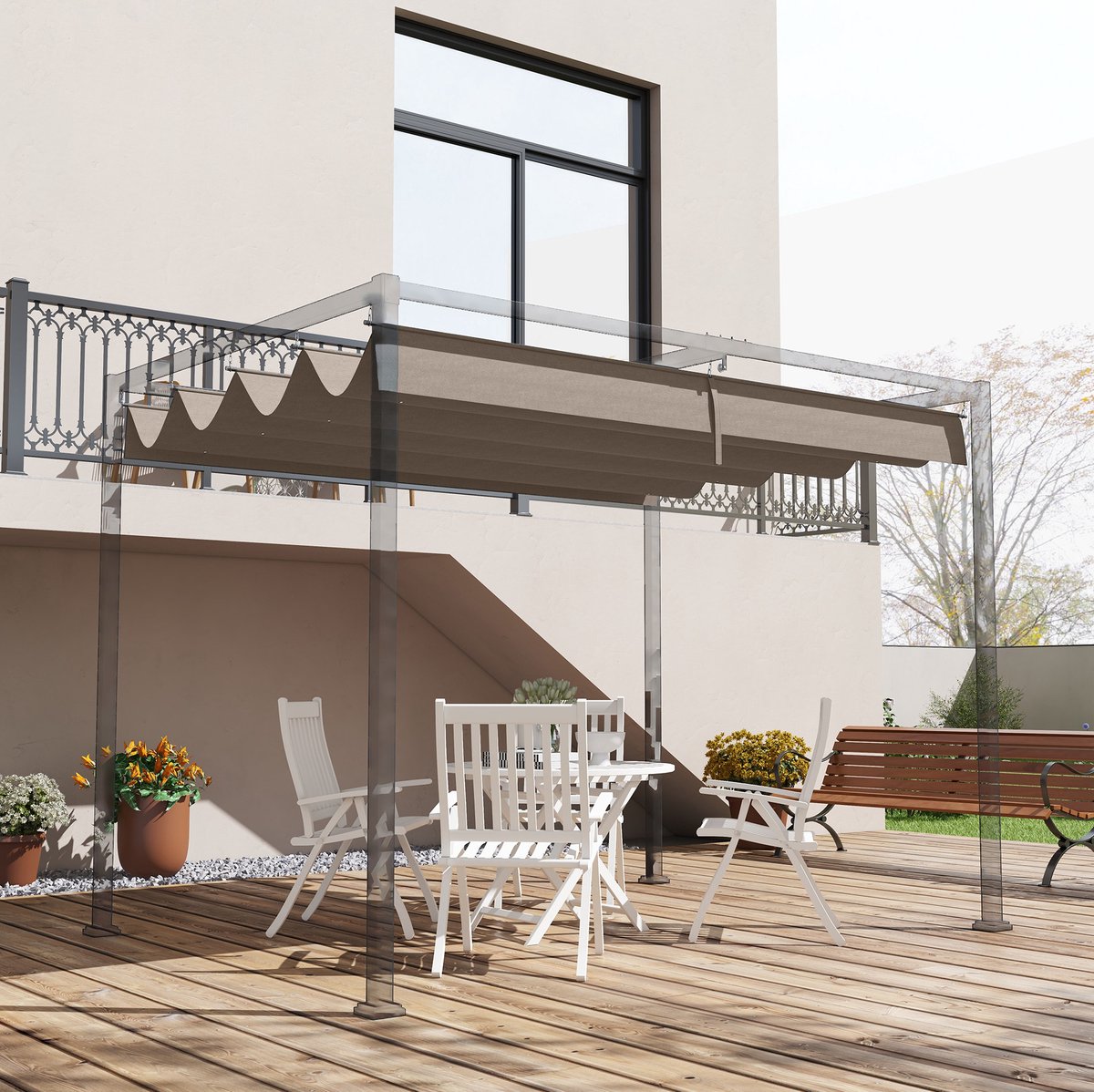 MEUNIQ vervangingsdak voor pergola 286 x 245 cm, passend voor 2,85 x 2 m frame, polyester verandazeil met UV30+, 8 afwateringsgaten, inschuifbaar, koffiebruin