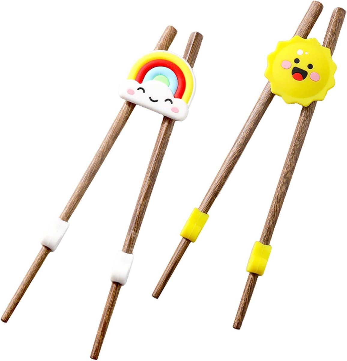 Houten Eetstokjes voor Beginners - 2 Paar Herbruikbare en Gebruiksvriendelijke Eetstokjes, Geschikt voor Links- en Rechtshandigen, Warmtebestendig en Met Automatische Veer, Geel met Zon en Wolken