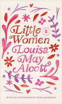 Boekomslag van 'Little Women' door Louisa May Alcott, met decoratieve rode en paarse bloemen en bladeren.