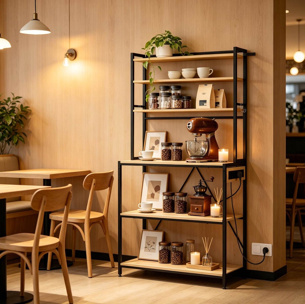 HAUSS SPOLE Keukenkast - Open Keukenrek Met 3 Stopcontacten En 6 Planken - Voor Coffee Bar En Minikeuken - Metaal En Hout - 80x40x167 Cm - Licht Eiken