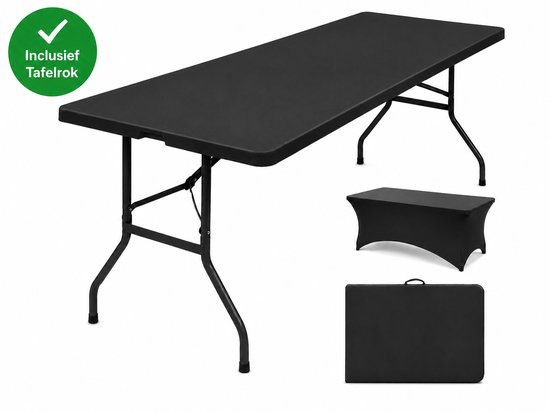 Zwarte opklapbare tafel met tafelrok, inclusief een opgevouwen tafel.