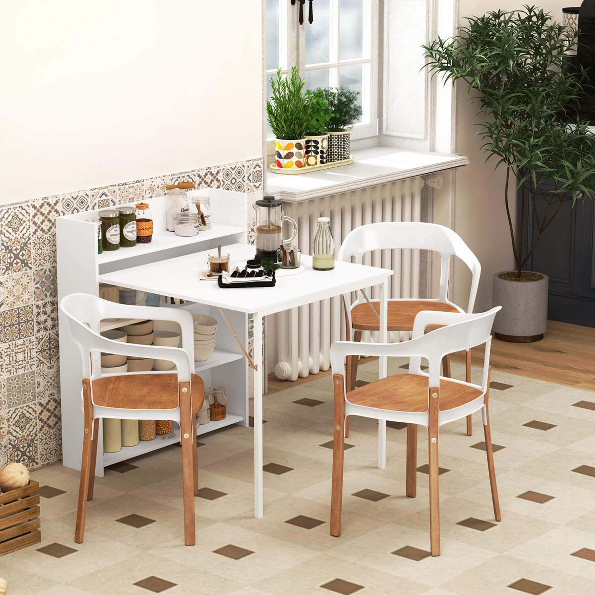 MEUNIQ klapbare eettafel 78,5 x 91 x 93 cm, opklapbare keukentafel met interne opbergrekken, anti-kipbeveiliging, industrieel ontwerp voor keuken of eetruimte, wit