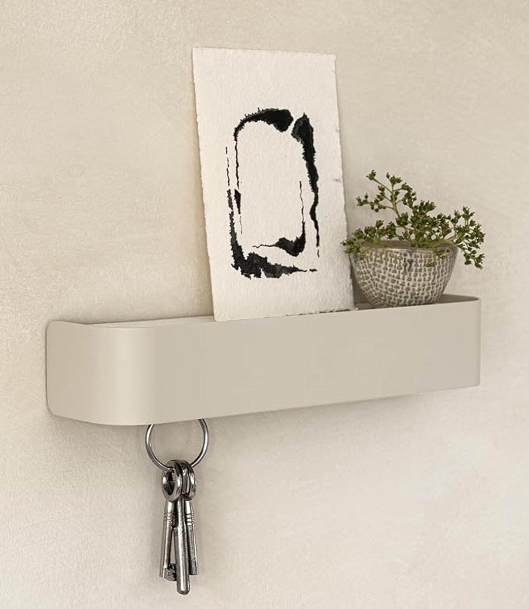 Sleutelhouder Met Plank - Minimalistisch Sleutelrek Voor Aan De Muur - Modern Key Holder Met Metalen Legplank - Wandgemonteerde Sleutelorganizer Voor Hal En Entree - Taupe Zand Design