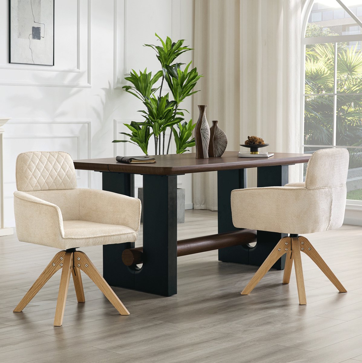 STILVORA Eetkamerstoelen Set Van 2 – 360° Draaibare - Met Armleuningen – Cremewit Geruit Gestikt – Voor Eetkamer En Open Keuken – Met Houten Poten – Stof